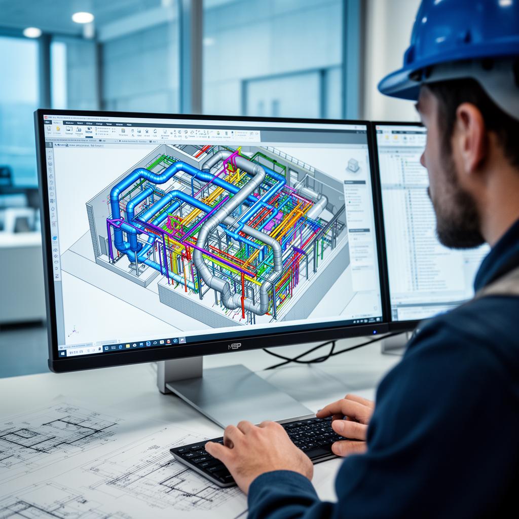 Engineer working with dRofus data on a laptop.