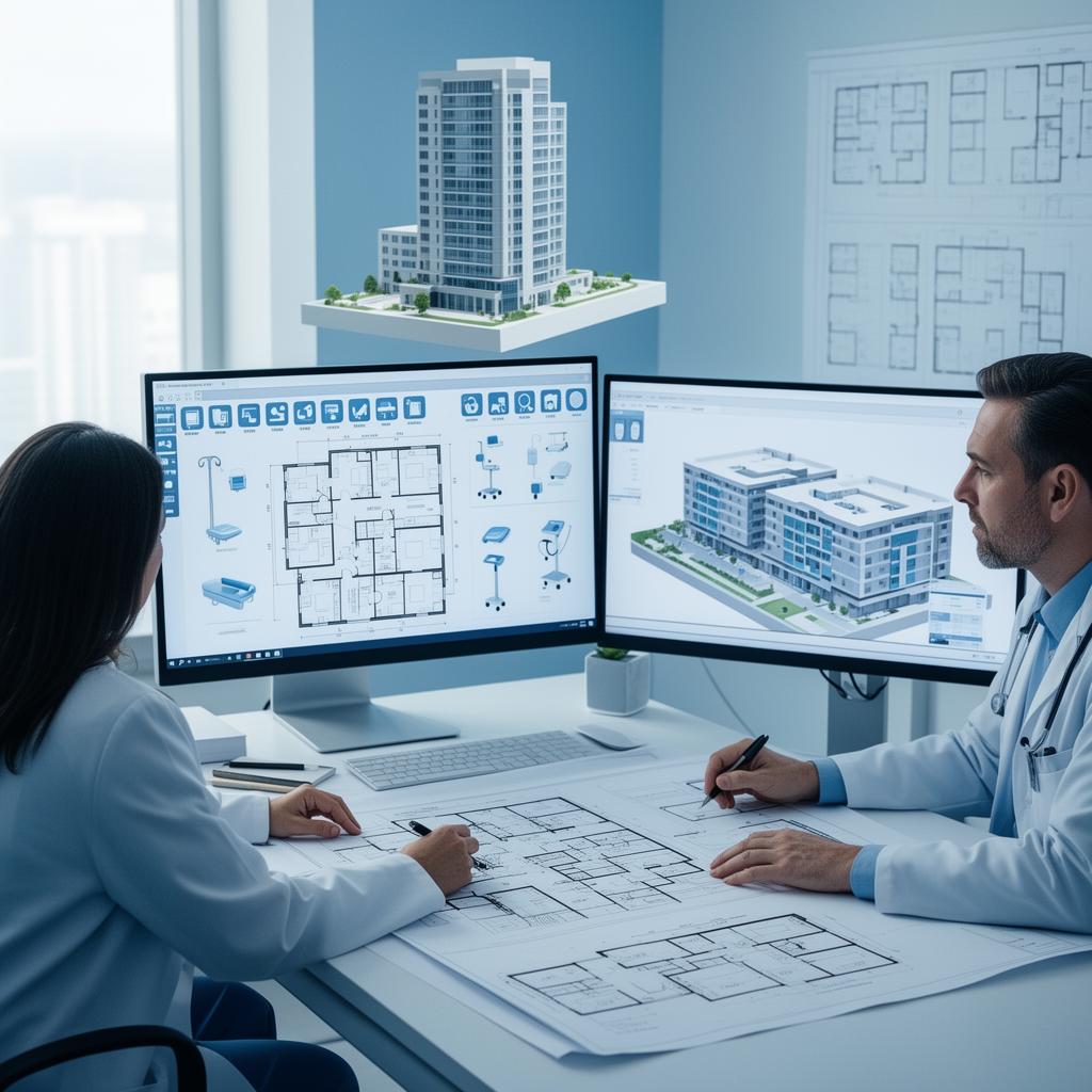 Healthcare planner working with dRofus on a laptop.