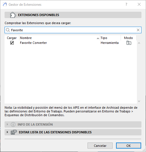 Gestor de Extensões com o Favorite Converter carregado